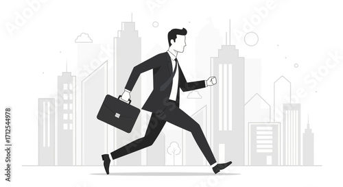 Energetic Businessman Runs Quickly Towards Business Destination in Modern Cityscape