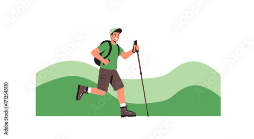 Energetic Hiker Ascending Terrain With Backpack And Trekking Pole During Exploration Adventure