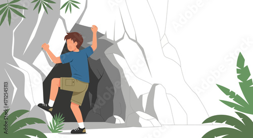 Energetic Climber Ascends Rugged Rock Face Demonstrating Perseverance and Adventurous Spirit