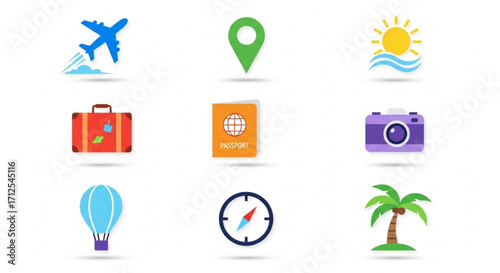 Colorful travel icon set featuring airplane, location pin, sun, suitcase, passport, camera, balloon, compass, and palm tree