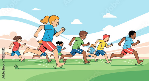 Energetic Group Of Kids Running Across The Grass, Bright Day And A Beautiful Sky