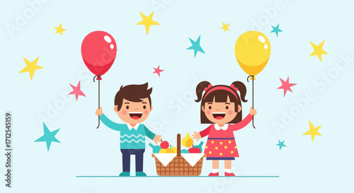 Delighted Children Enjoying Picnic Party With Colorful Balloons And Bright Stars