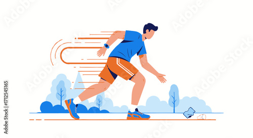 Energetic Man In Sportswear Running Fast Towards His Fitness Goal With Motion Lines