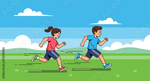 Energetic Illustration Of Two Children Joyfully Running On A Sunny Day Together