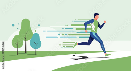 Energetic Person in Running Pose on a Green Trail With Trees and Acceleration Lines