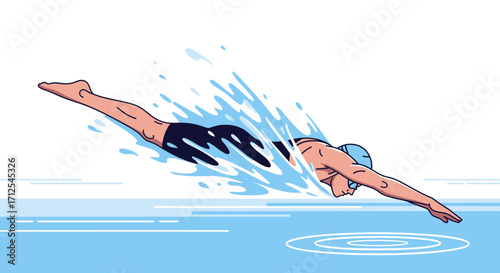 Energetic Swimmer Executes Dive In a Pool, Demonstrating Physical Prowess and Aquatic Motion