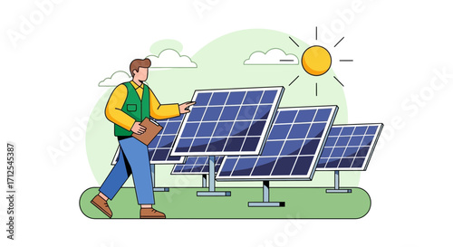Engineer Inspects Solar Panel Farm For Sustainable Power Generation And Renewable Energy