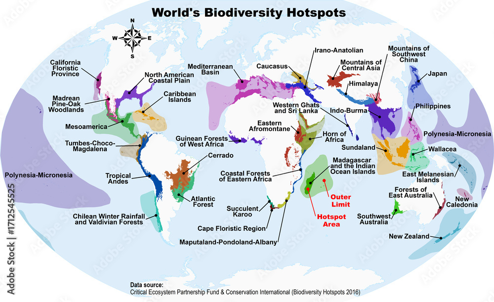 Naklejka premium World map of global biodiversity hotspots, highlighting regions with high endemism and habitat loss, based on Critical Ecosystem Partnership Fund and Conservation International data, version 2016.1