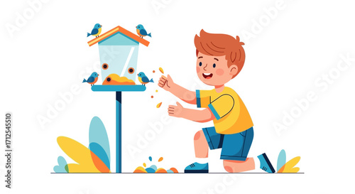 Delighted Young Boy Offers Birdseed to Avian Friends Near a Brightly Illustrated Birdhouse
