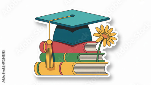 Graduation cap on books with flower for education achievement and academic success celebration design