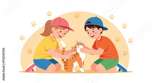 Delightful Children Tenderly Petting A Happy Cat, Capturing Precious Moments With Joy
