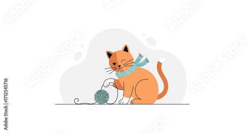 Delightful Feline Wearing Scarf Plays With Ball Of Yarn In A Whimsical Illustration