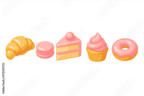 Delicious dessert assortment featuring colorful pastries, cakes, and sweets on a white background