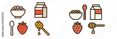 Colorful cereal and honey illustrations with strawberries and milk packaging on a simple background