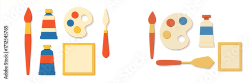 Collection of essential art supplies including painting tools, brushes, paint tubes, palette, and blank canvas for creative projects