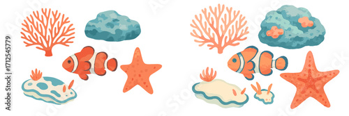 Colorful underwater scene featuring coral, starfish, and clownfish in a vibrant marine habitat
