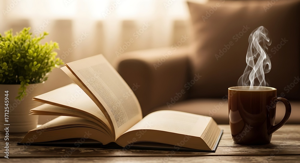 Fototapeta premium Cozy Reading Scene with Open Book and Steaming Coffee Mug on Wooden Table.