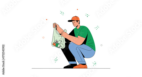 Delivery Person with Plastic Bag Squats Down Holding Groceries with Modern Style Illustration