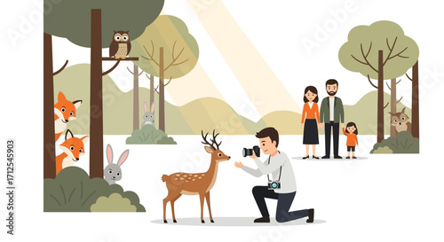 Depicting A Photographer Capturing A Deer, A Family, And Forest Animals In Nature