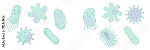 Adorable cartoon microorganisms and bacteria with smiling faces floating on a clean white background