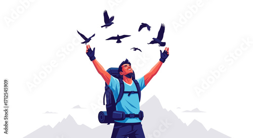 Enraptured Hiker Celebrating Freedom Amidst Wildlife in a Mountainous Environment