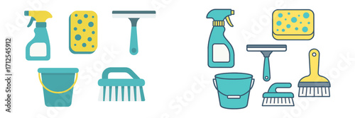 Cleaning supplies set showing various tools like spray bottles, sponges, and buckets for effective home cleaning tasks