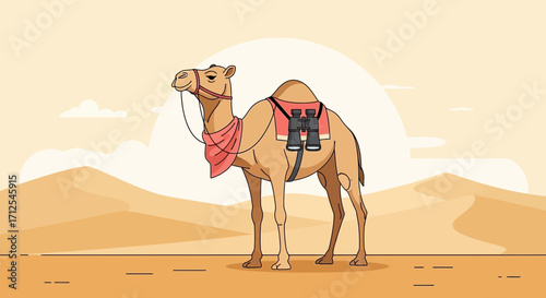 Desert Camel Exploration With Binoculars In Beautiful Natural Environment Scene