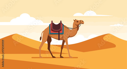 Desert Camel Journey Depicted In A Symmetrical Style With Realistic Colors And Shades