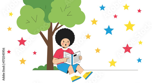 Enthralled Youth Reading Illustrated Book with Dreamy Stars Under Lush Green Trees