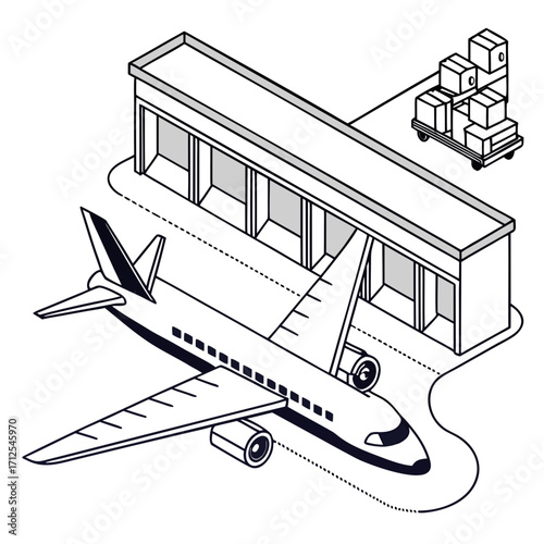Airplane at airport hangar with cargo boxes on a trolley ready for loading and unloading
