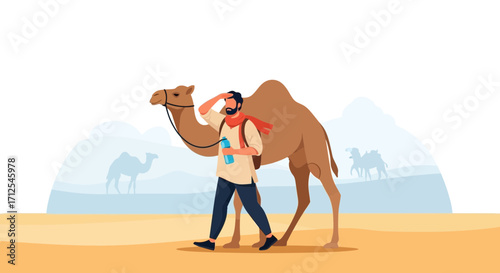 Desert Journey: A Man and Camel Conquer the Windswept Sandscapes Together