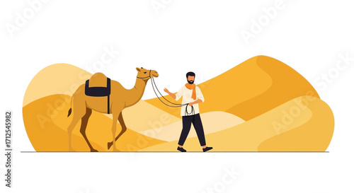 Desert Journey: A Bedouin Guides His Camel Through Golden Sand Dunes Landscape