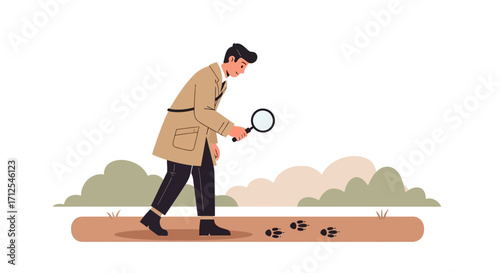 Detective Investigating Footprints on Path Finding The Clues, Mystery Solving In The Outdoors