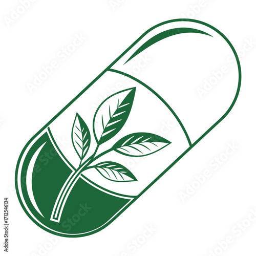 Green capsule with a plant sprout inside symbolizing natural medicine and herbal supplements