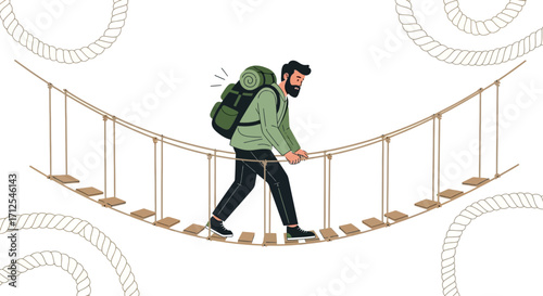 Determined Hiker Traversing Suspension Bridge Obstacle, Facing Challenges With Courage