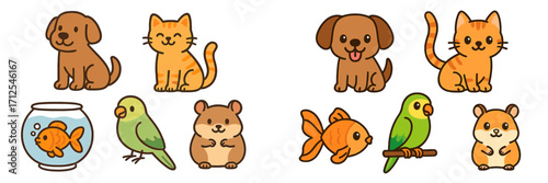 Cute cartoon pets featuring dogs, cats, fish, birds, and hamsters in a fun and colorful design