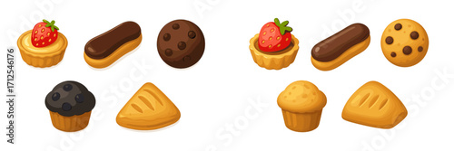 Delicious assortment of colorful desserts and baked goods displayed on a white background