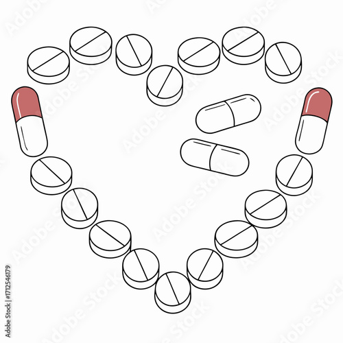 Heart shape formed by white round pills and capsules with red accents on a white background