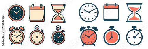 Various time and date icons showing clocks, calendars, and timers arranged in a neat grid on a white background