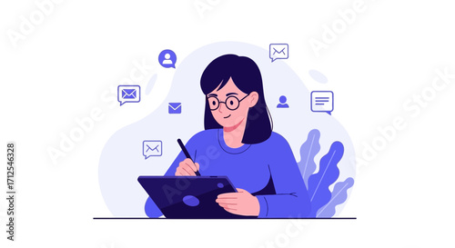 Digital Illustration of a Woman Working and managing Mail and Messages Online
