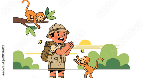 Enthusiastic Explorer Appreciates Playful Monkeys in a Vibrant Natural Setting