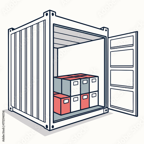 Open shipping container filled with stacked boxes ready for transportation and logistics