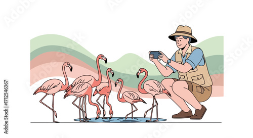 Enthusiastic Explorer Captures Flamingos With A Smartphone In A Vivid Illustration