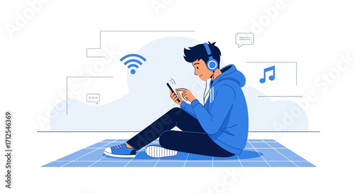 Digital Native Listens To Music On Phone And Wi-Fi While Relaxing On The Floor