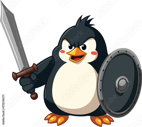 Strong penguin soldier with mace and round shield, tough arctic fighter bird