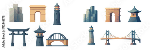 Collection of colorful architectural landmarks and structures from various cultures and cities