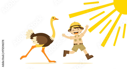 Enthusiastic Explorer Celebrating Discovery Next To A Dynamic Ostrich On A Sunny Day