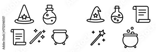 Magical elements including potions, hats, wands, and scrolls designed in a simple artistic style