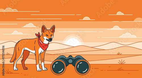 Dingo In Desert Landscape Observing Sunset With Binoculars In Vector Illustration