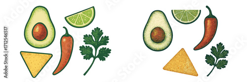 Fresh ingredients for a vibrant guacamole dip featuring avocados, lime, chili, cilantro, and tortilla chips on a clean white background